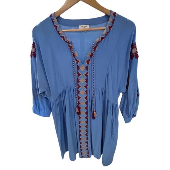 UMGEE Embroidered Blue Dress Cover up Tassel Tie 3/4 Sleeve Women's Size LARGE - Picture 1 of 10